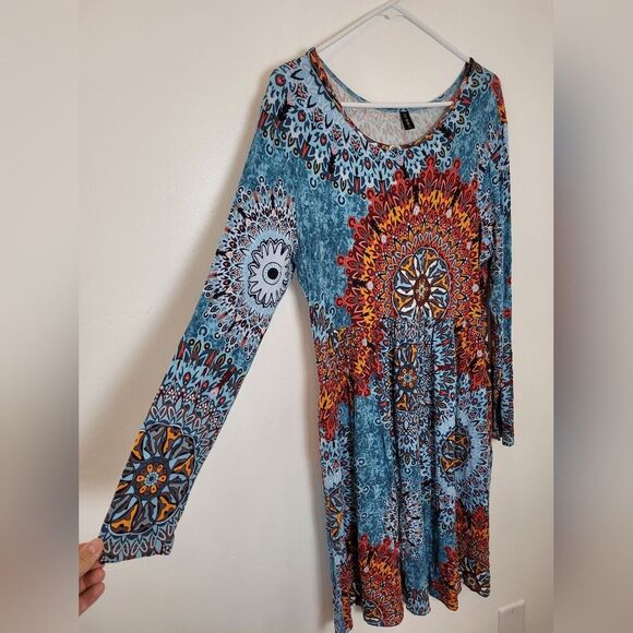 Boho Midi Dress Jersey Knit Colorful Geo Indie Casual Hippie Gypsy Pockets XL - Picture 7 of 11
